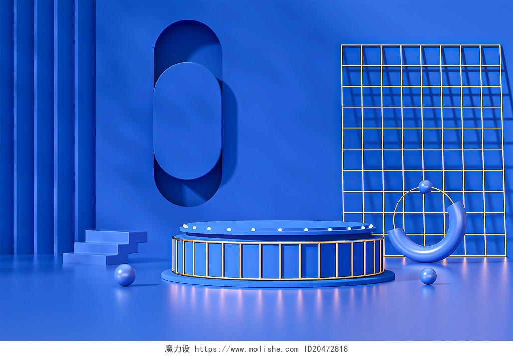 蓝色c4d立体创意几何电商展台蓝色展台C4D背景